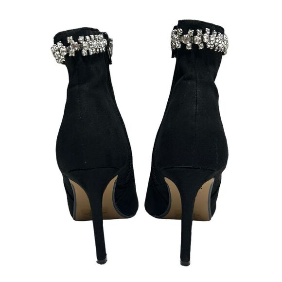 Express Black Faux Suede Ankle Booties Heeled Boots Gemstone Top Pointed Toe - Picture 5 of 9